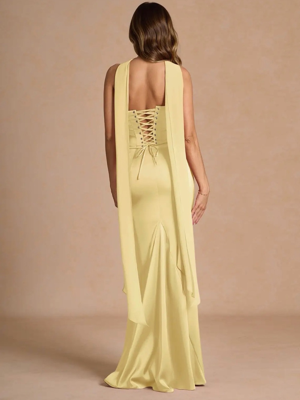 Azazie Lemon Strapless Column Gown with Draped Scarf - Picture 2 of 8
